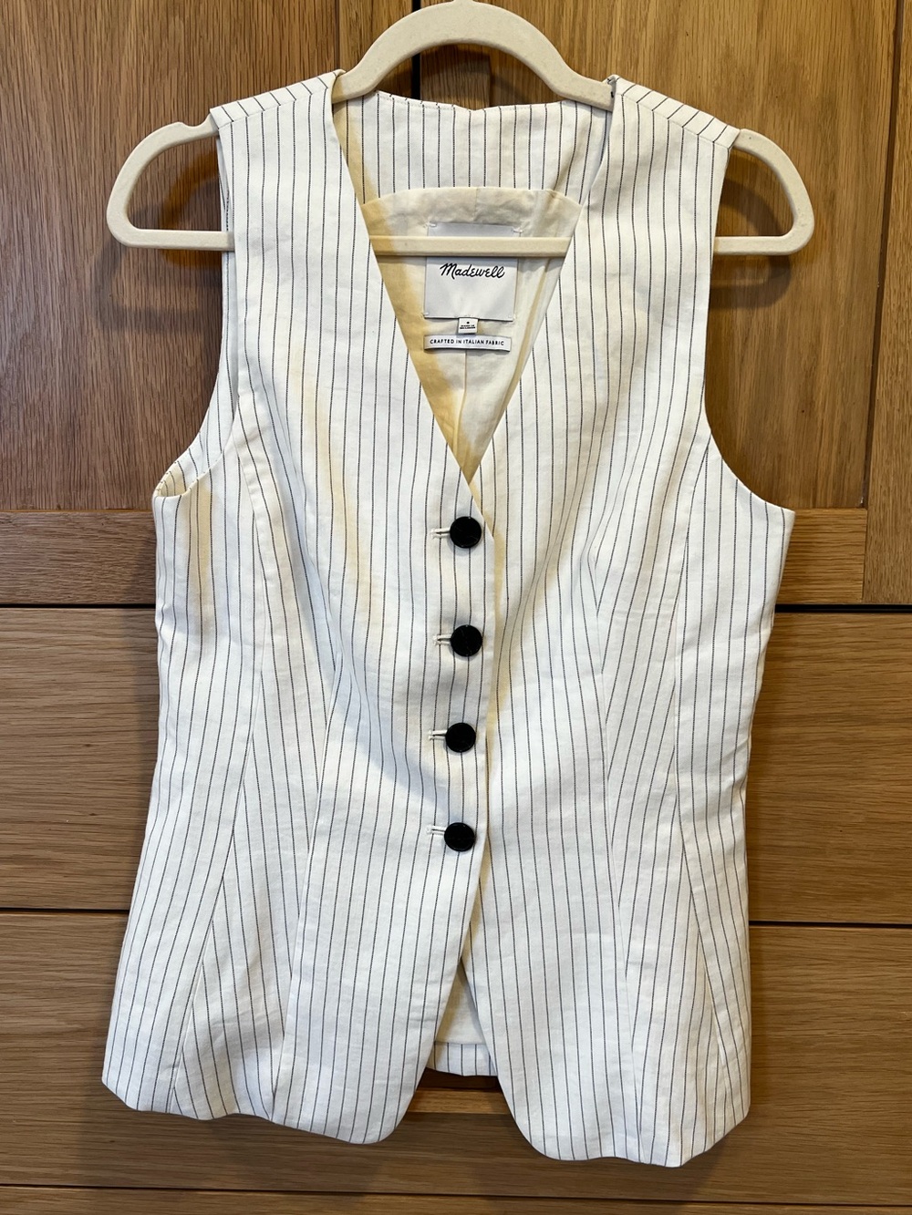 Madewell Cutaway Vest Ivory Black Pinstripe Linen Blend Size 8 Contemporary Chic